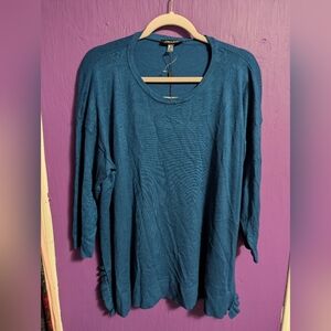 95. NWT $68 Cable & Gauge Teal Split Ruffle Hem 3/4 Sleeve Sweater 1X 16 18